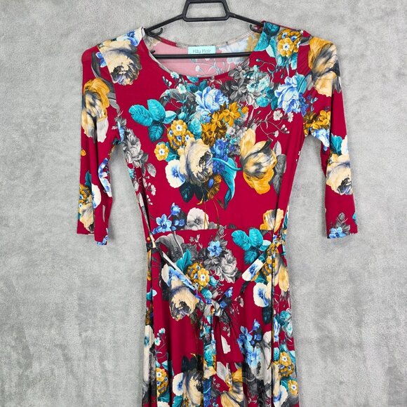 Womens Filly Flair Red Floral Maxi Dress Tie Waist 3/4 Sleeve Polyester Size L - Picture 3 of 10